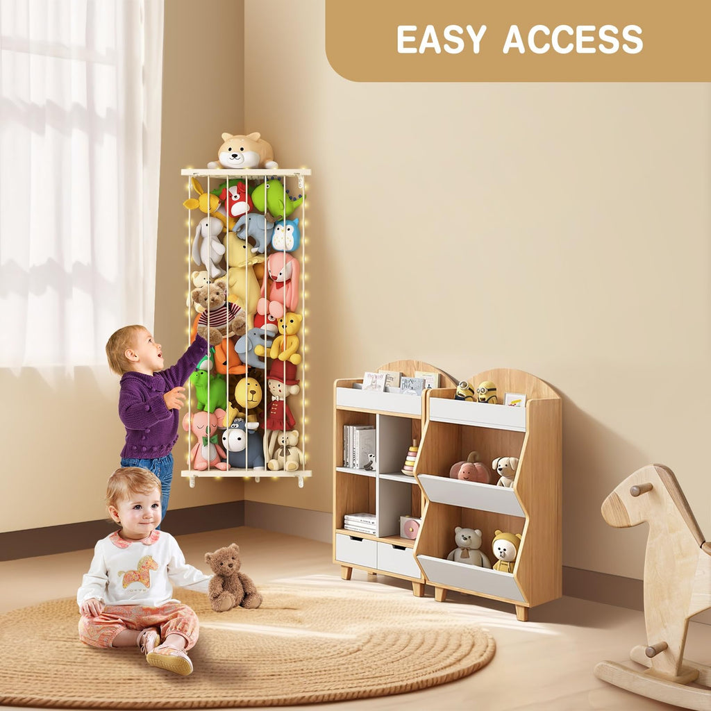 GGUO Corner Stuffed Animal Storage Net - Stuffed Animals Holder with Light - Plush Organizer Hanging Stuffed Animal Hammock with Adjustable Length for Bedroom