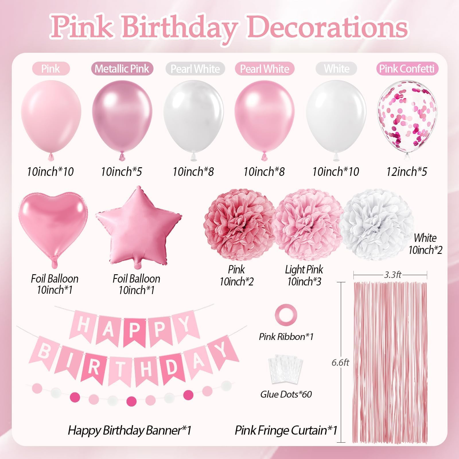 Pink Birthday Decorations with Pink Paper Pompoms Pearl White Balloons Banner Fringe Curtain for Birthday Decorations for Women