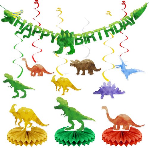 Pre-Strung Dinosaur Birthday Decorations - Dinosaur Happy Birthday Banner,Party Decorations for Boys Girls Kids,Dino Theme Hanging Swirl, Honeycomb Centerpiece Table Decor