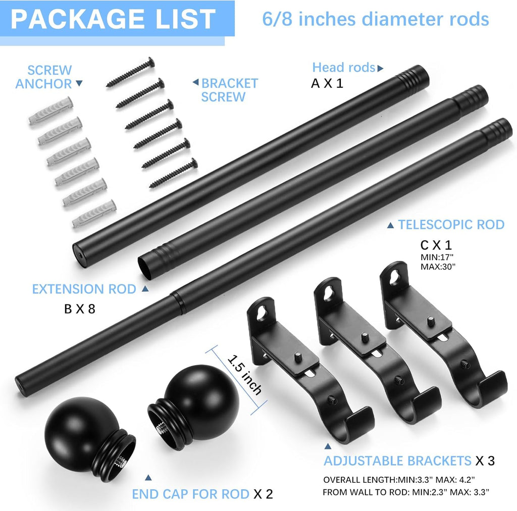 Max Adjustable Curtain Rods by [Brand Name] - Fits Windows 16 to 150 Inches | Black, 6/8" Diameter