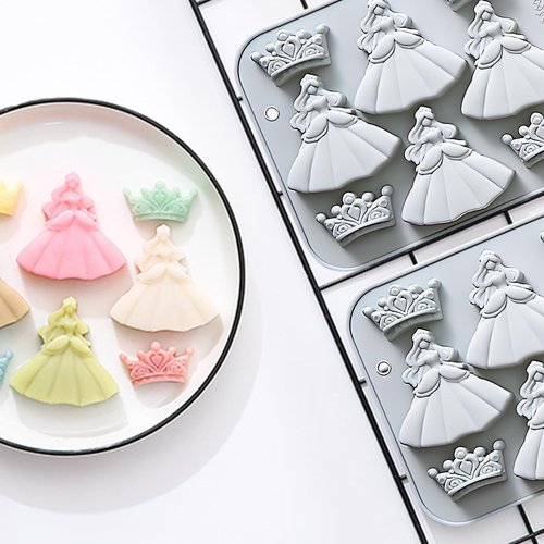 3D Silicone Crown Fondant Molds, 2 Pcs Princess-style Crown and Dress Shaped Baking Molds for Chocolate, Candy, Cookie, Jelly, Cupcake Topper, 7.13 x 5.63 Inches
