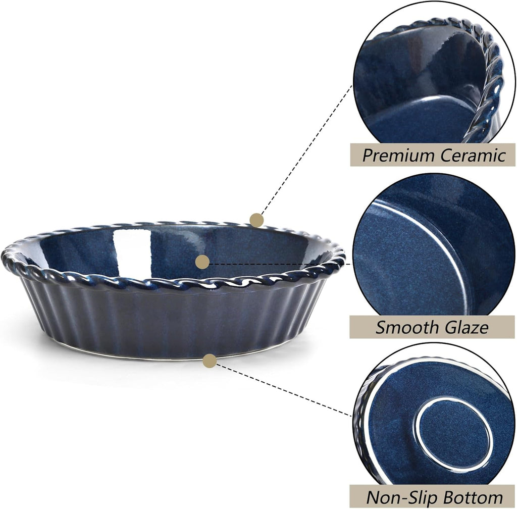 Peohud 10-Inch Deep Fluted Ceramic Pie Pans - 2 Pack Round Baking Dishes for Quiche & Pies | Blue