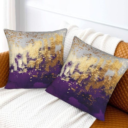 Weiscode Purple and Gold Abstract Art Throw Pillow Covers, 18x18 Inch, Gold Purple Decorative Pillows for Couch Living Room Bedroom Sofa Decor, Luxury Modern Art Pillowcase Cushion Covers