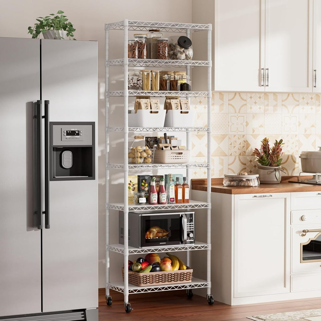 SINGAYE 8-Tier Metal Shelf Organizer - Adjustable Wire Shelving Unit for Kitchen, Garage, or Bathroom | 12" D x 22" W x 74" H - White
