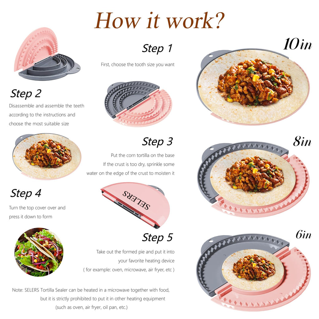 Tortilla Sealer,SELERS,Tacos Tortilla Crimper Maker,Removable & Adjustable 4"- 10" /6"- 12",Quesadilla Crimper for 4''-12'' Wraps,Burritos,Pasties,Tortilla,Dumplings,Sandwich,Grey Pink (4"+6"+8")