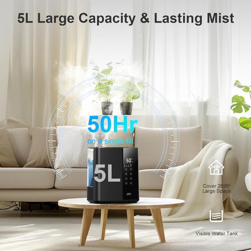 JRD Ultrasonic Humidifier - 5L Warm & Cool Mist for Fast Relief | 50H Runtime, 12H Timer, 7 Color Light - Black