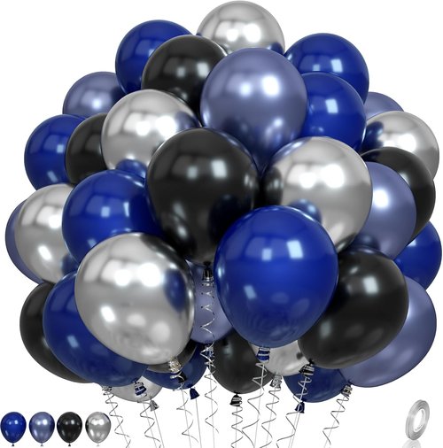 Blue & Black Balloons - Metallic Navy Blue & Silver Latex Balloons for Birthday & Baby Showers