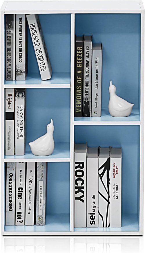 Furinno LUDER Bookshelf - 5-Cube Reversible Bookcase for Easy Assembly | White/Light Blue, 9.4 x 19.5 x 31.5