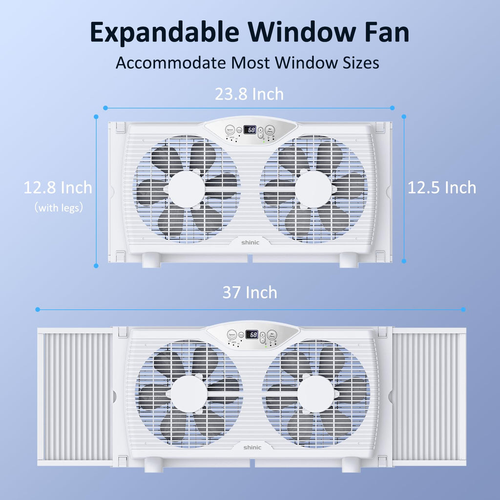 shinic Twin Window Fan, 9-Inch Blades Reversible Airflow, Thermostat Control, 3 Speeds, 23.8"-37" Expandable Width, Window Exchaust Fans for Home Bedroom, ETL Certified
