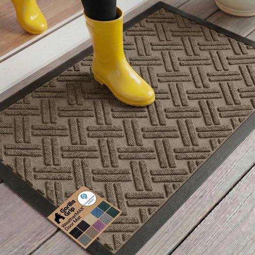 GORILLA GRIP Waterproof All-Season WeatherMAX Doormat - 35x23 Natural Rubber, Stain & Fade Resistant, Easy Clean Taupe