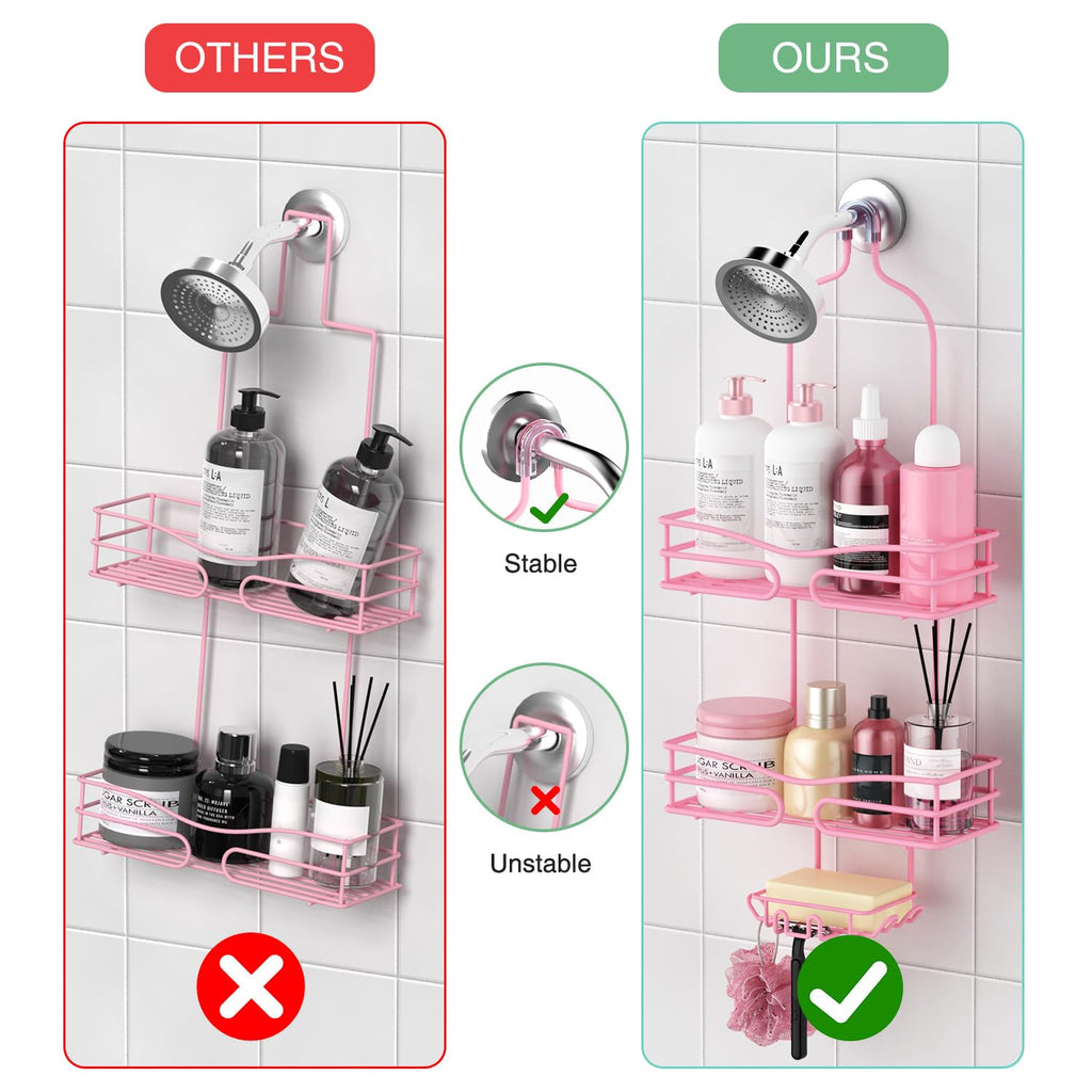 DAOYA Pink 3-Tier Over Head Shower Caddy with Soap Holder & 6 Hooks - Hanging Shower Caddy for Bathroom Organizer
