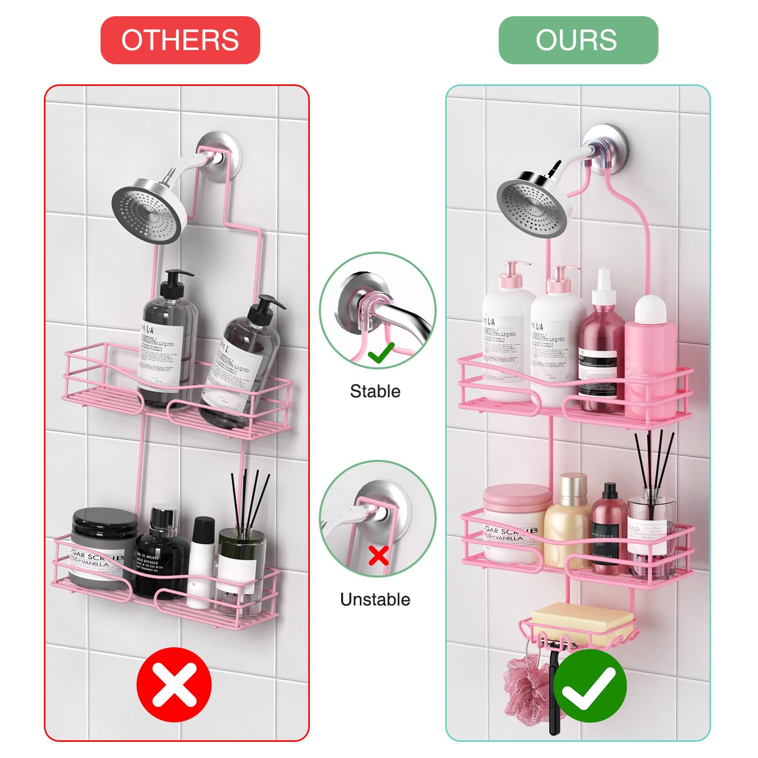 DAOYA Pink 3-Tier Over Head Shower Caddy with Soap Holder & 6 Hooks - Hanging Shower Caddy for Bathroom Organizer