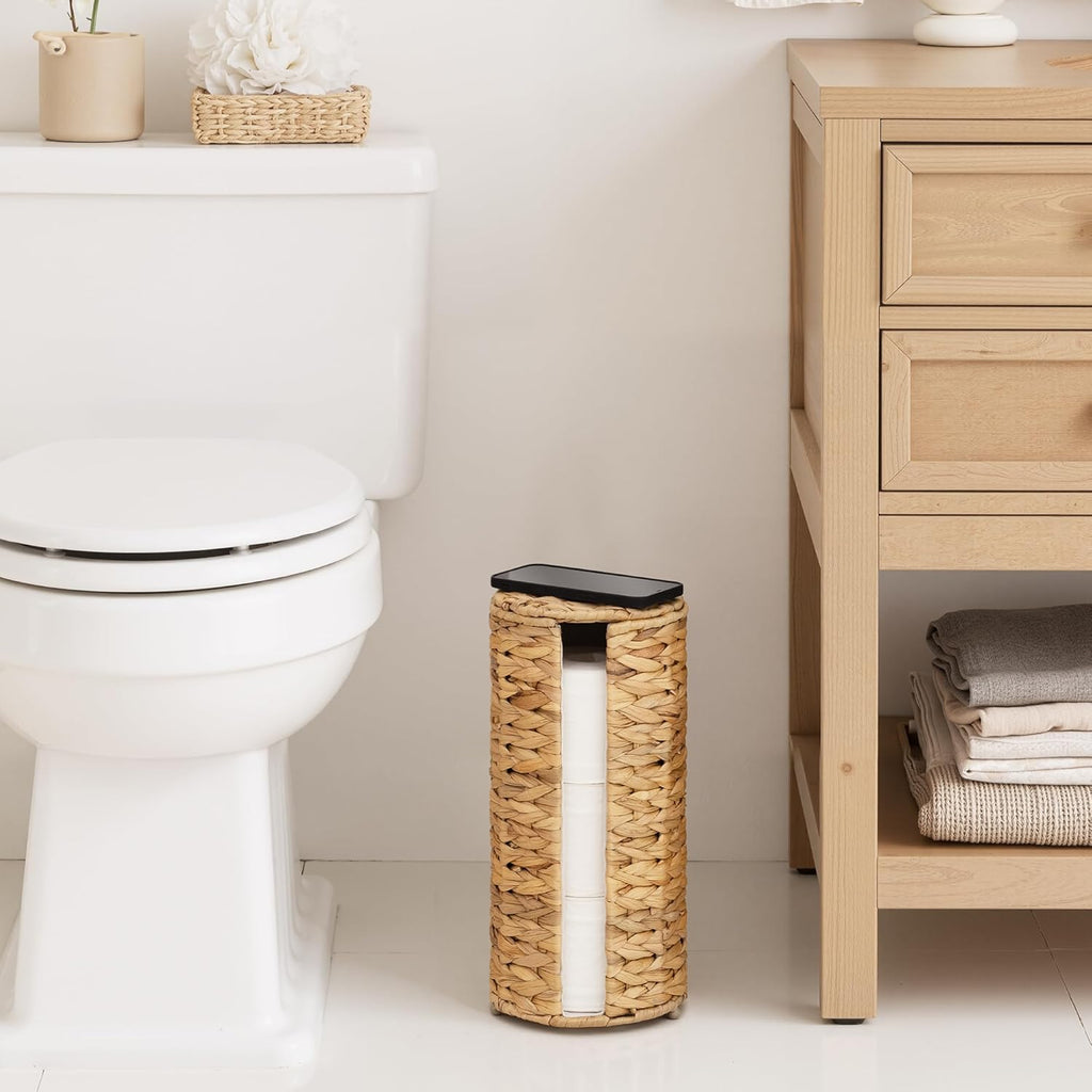 StorageWorks Toilet Paper Holder Stand - Free Standing Water Hyacinth Design with Lid for 3 Rolls