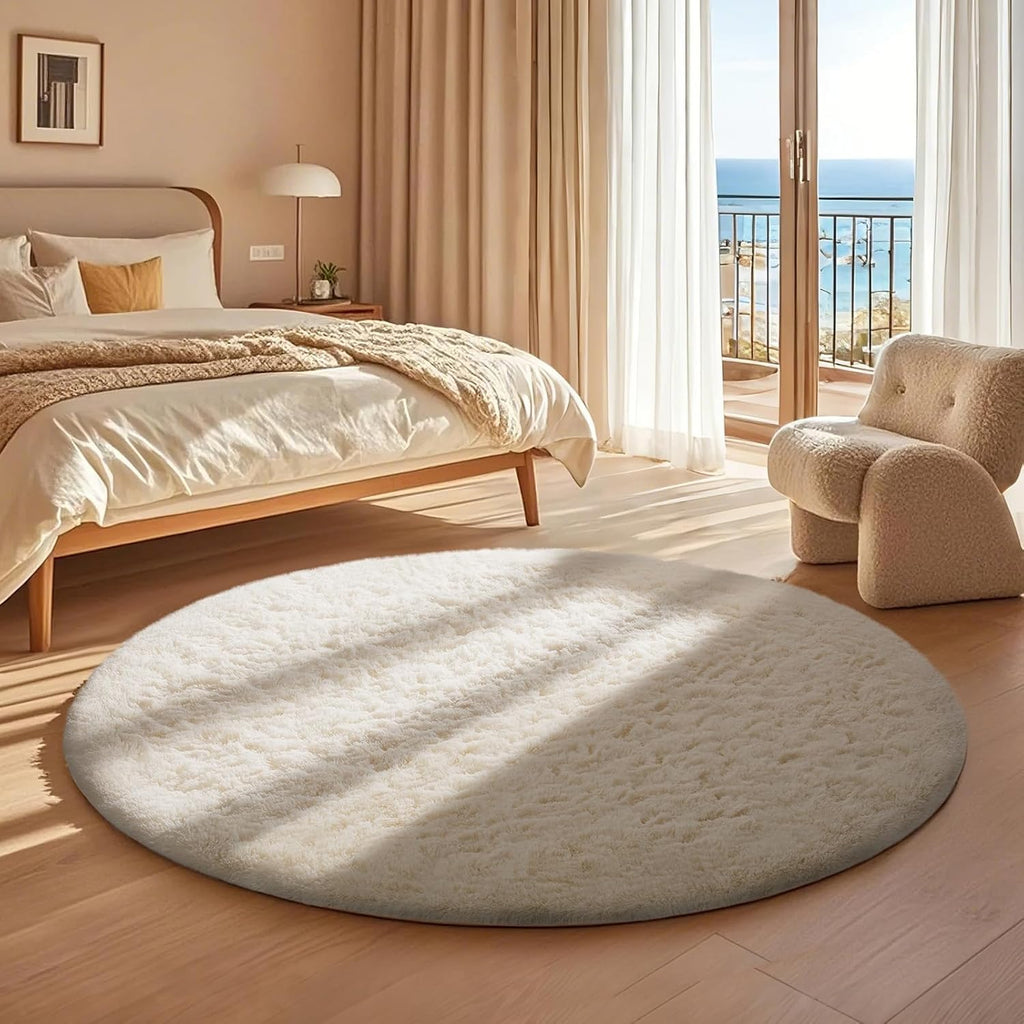 Ophanie Round Rug - 4Ft Ivory Circle Area Rug | Fluffy Plush Shag Carpet for Bedroom & Nursery