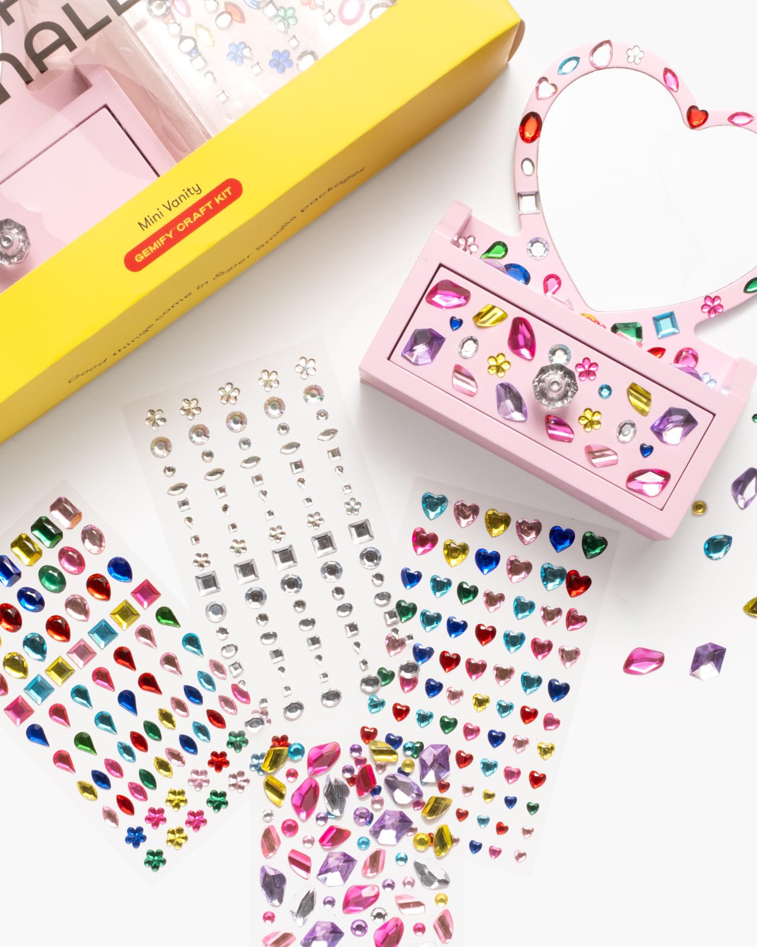 Super Smalls Mini Vanity Gemify™ Craft Kit | DIY Bedazzling Set with 200+ Gem Stickers | Heart Mirror & Jewelry Drawer | Fun for Creative Kids