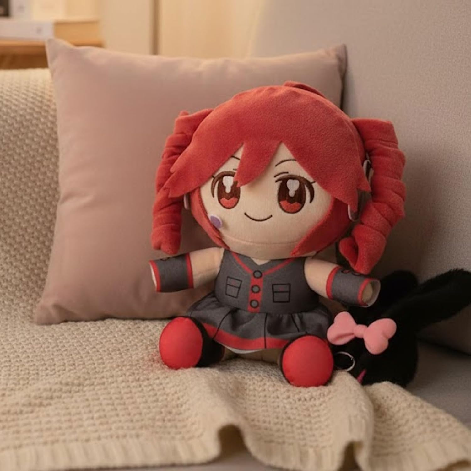 Skiennix Cute Anime Plush | 22cm Twin Tail Girl with 3D Hair | Soft Red & Black Outfit Stuffed Figure
