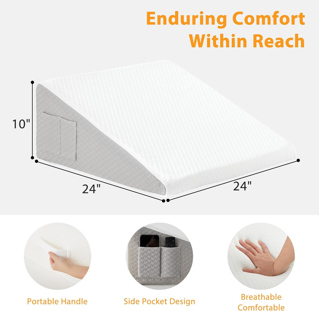 Ruqmuis Wedge Pillow - Acid Reflux Relief & Back Pain Support | 10" Triangle Pillow with Cover, White