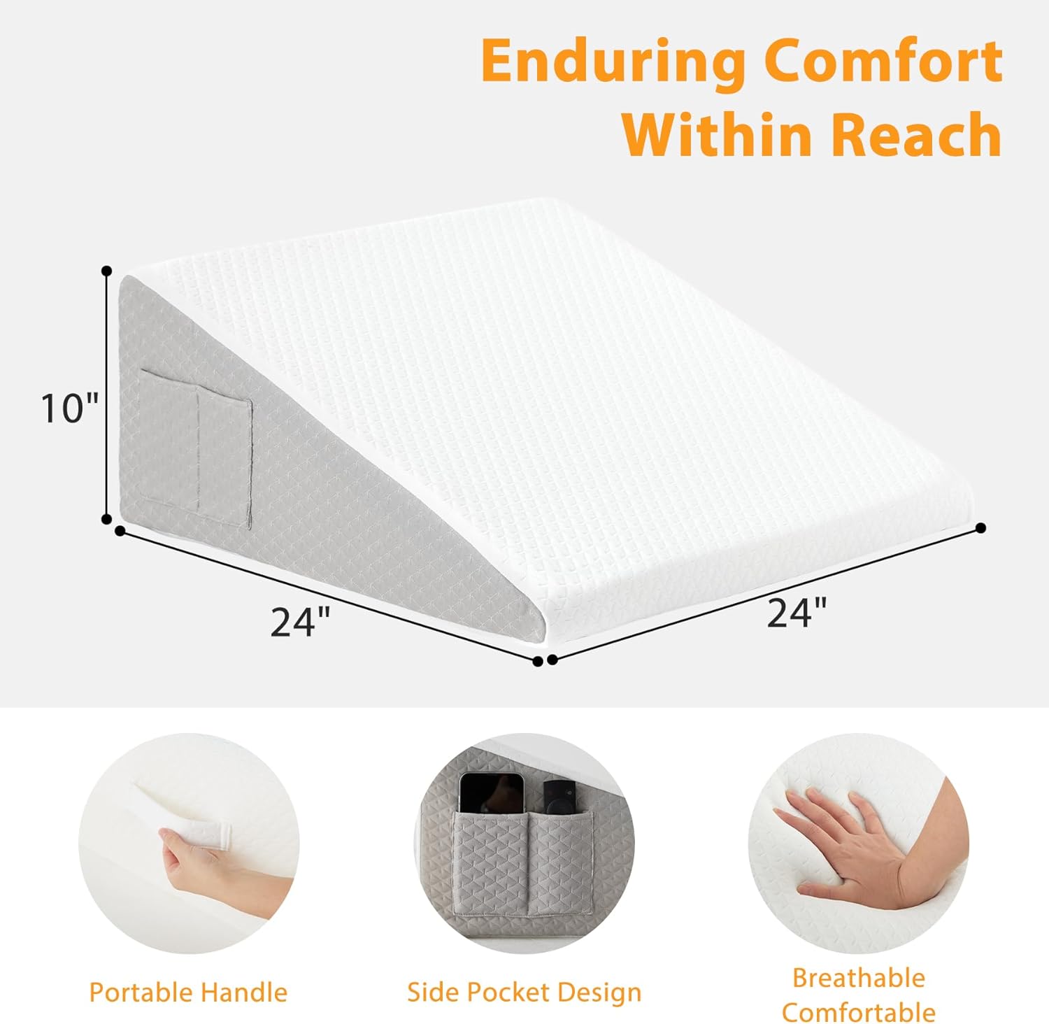 Ruqmuis Wedge Pillow - Acid Reflux Relief & Back Pain Support | 10" Triangle Pillow with Cover, White