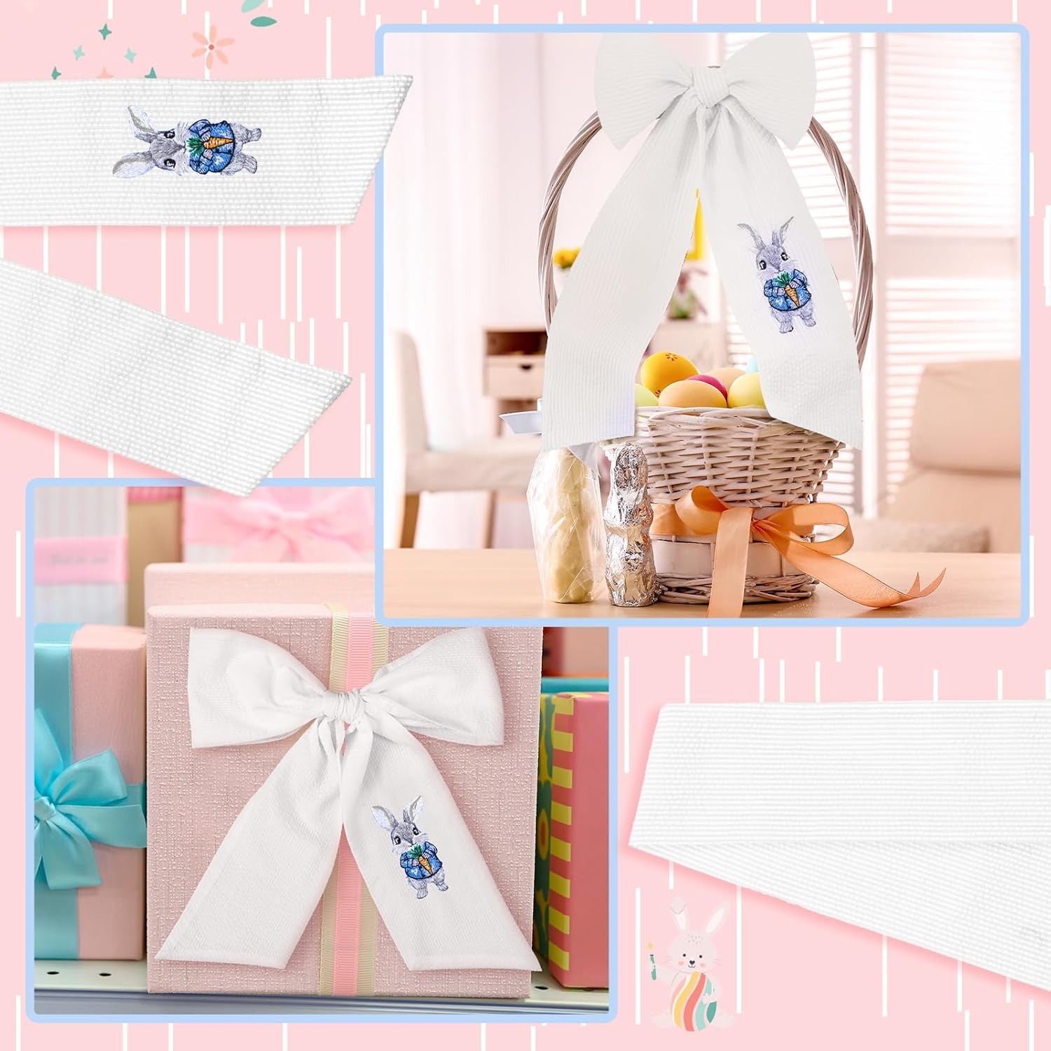 Wavwavw Seersucker Easter Basket - Embroidered Bunny Design with Large Pastel Gift Bow