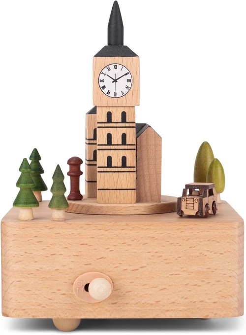 Cottage Garden Big Ben Musical Figurine - Woodgrain Beech | 6-Inch Wind-Up Design