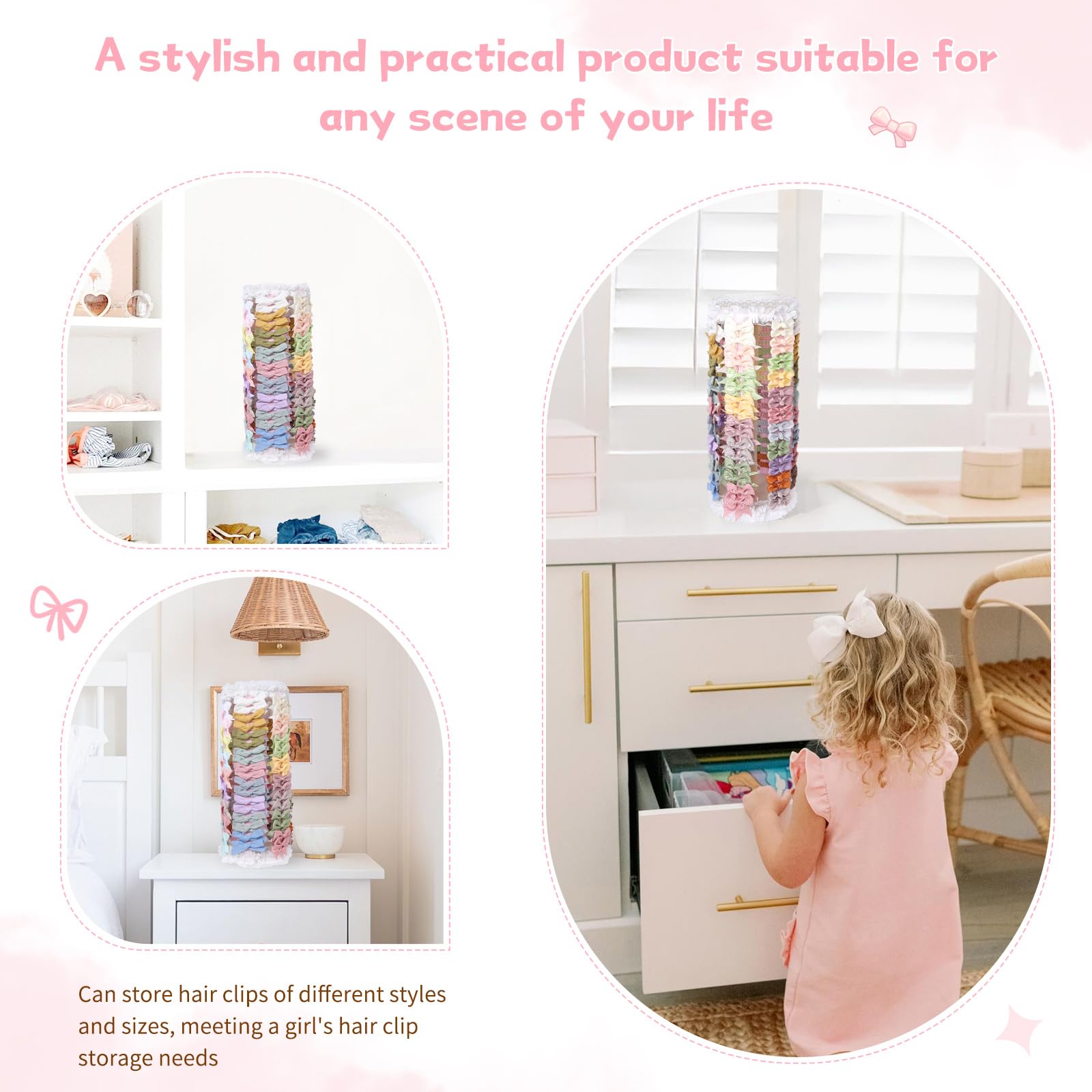 POVETIRE Bow Holder for Girls Hair Bows,Pink Hair Bow Organizer, Hair Clips Stand Hair Accessories Rack Display Decors Baby Nursery Toddler Girls Room-Pink-White