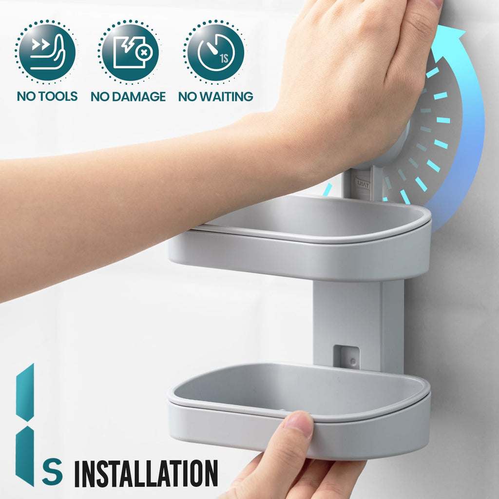 TAILI Soap Holder Soap Dish for Shower, Suction Cup Soap Holder for Shower Wall, Bathroom Accessories, Removable Strong Hold Soap Saver, Drill Free Double Soap Dish, Grey 2 Layer