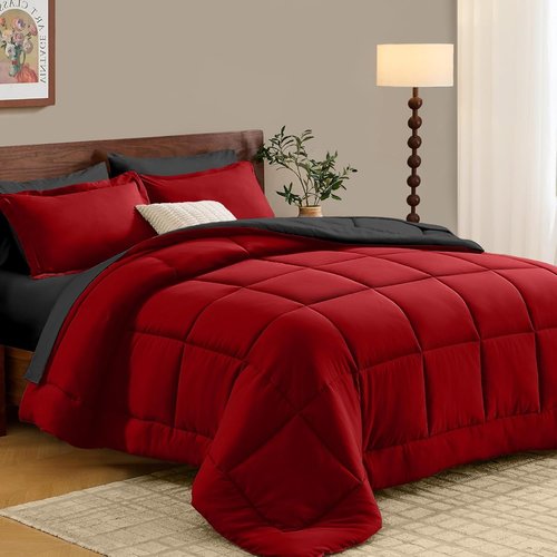 FUANNA Queen Comforter Set - 7-Piece Reversible Bedding Set with All-Season Premium Comforter | Red & Black