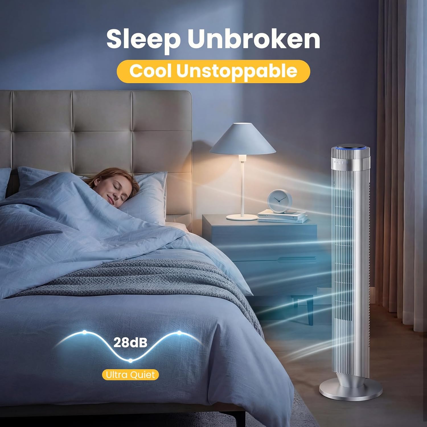 NEWBULIG Bladeless Tower Fan - Oscillating Design with Remote, 5 Speeds, 28dB Quiet Operation, Silver