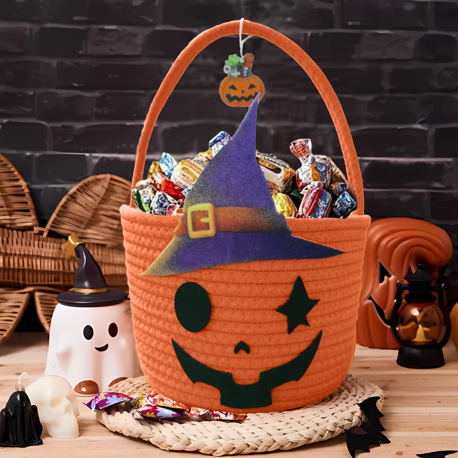 Halloween Pumpkin Basket for Kids, Woven Rope Candy Basket, Halloween Decorations, Small Woven Rope Basket bins, Orange