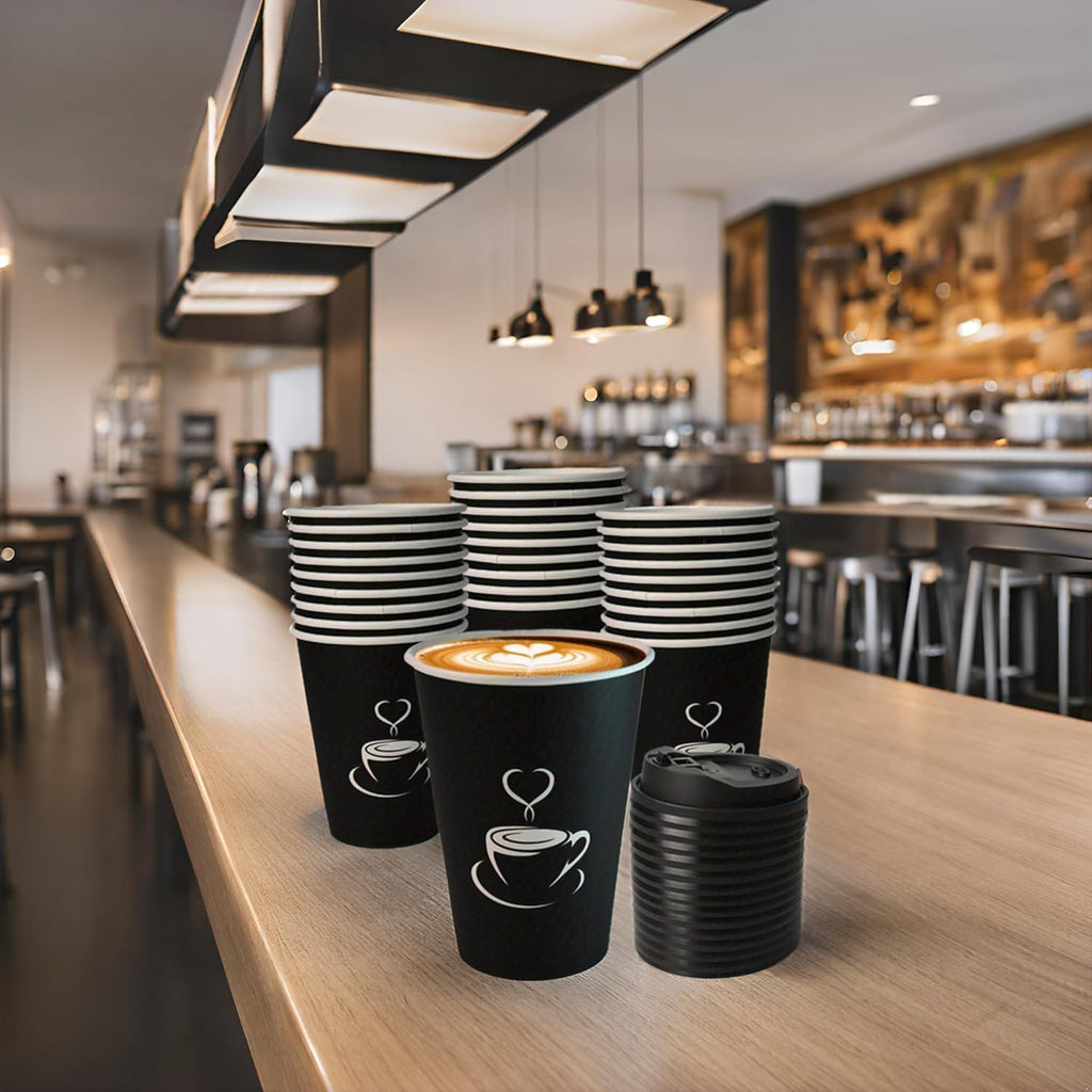 TreeMVI-50 Pack 12oz Coffee Cups with Lids: Disposable Black Coffee Cup Sturdy to Go Leak-Proof Paper Containers Set for Hot and Cold Beverage, Home, Office, Party