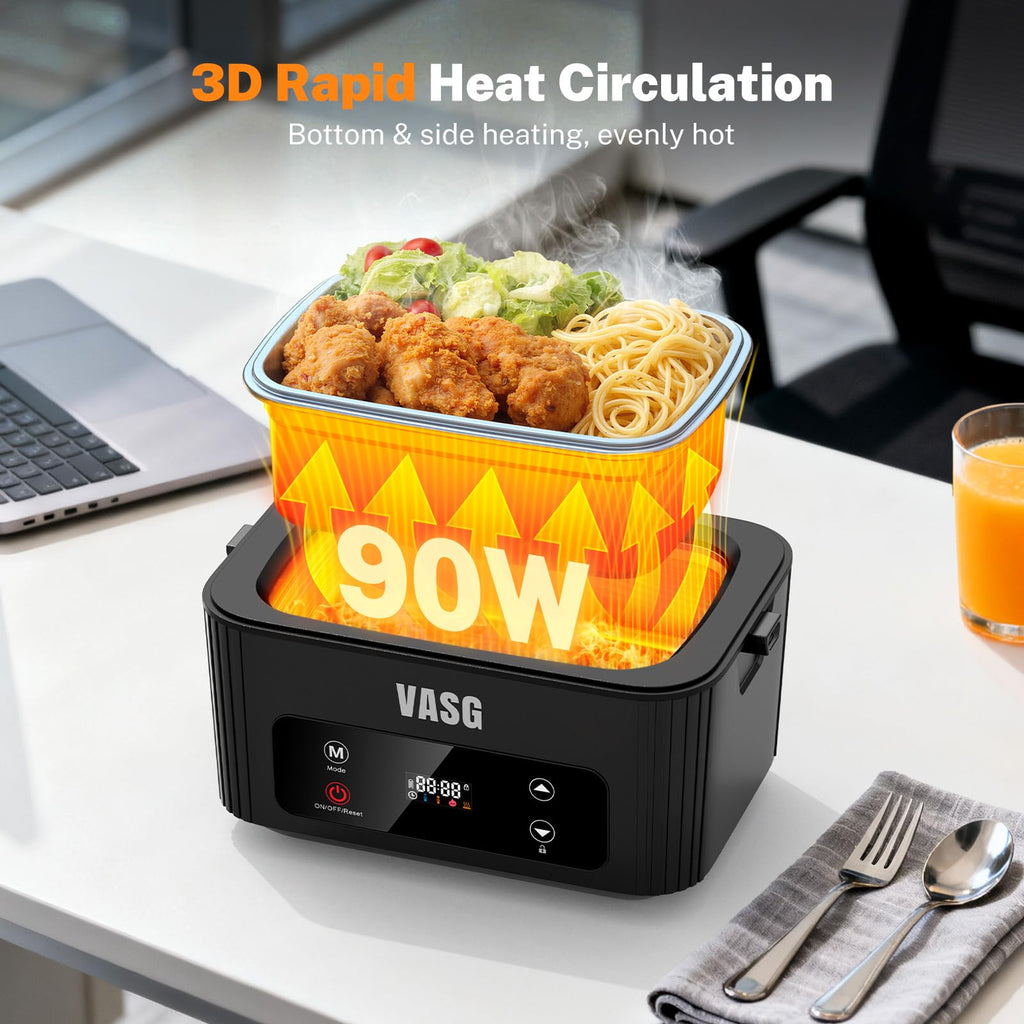 VASG 2026 Upgraded Cordless Heated Lunch Box for Adults, XXL 5.1-Cup Electric Lunch Box with 360° Surround Rapid Heating, 12000mAh Portable Food Warmer with Timer, LCD Display for Office & Car
