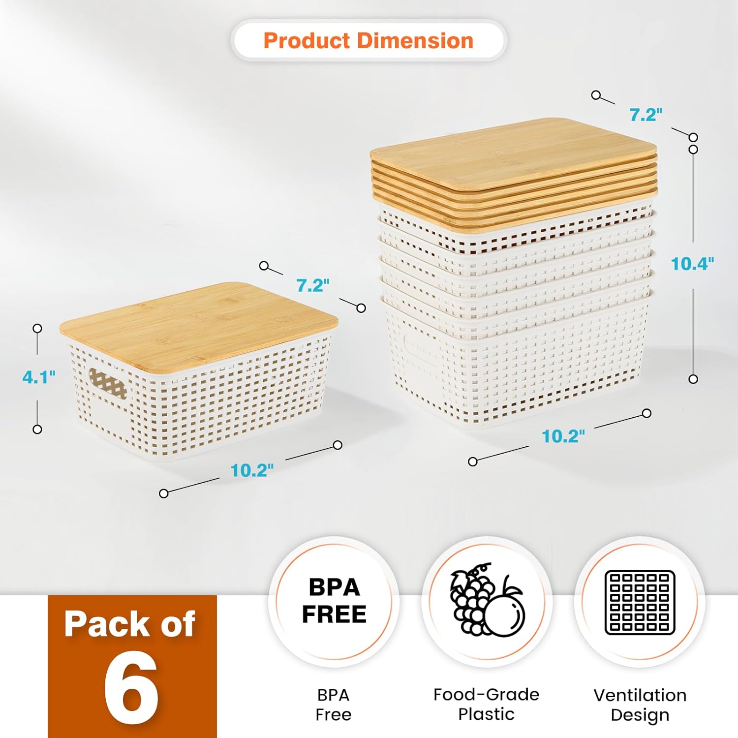 Ohmlove Plastic Storage Baskets - Stackable Containers with Bamboo Lid for Organizing | 6-Pack Set