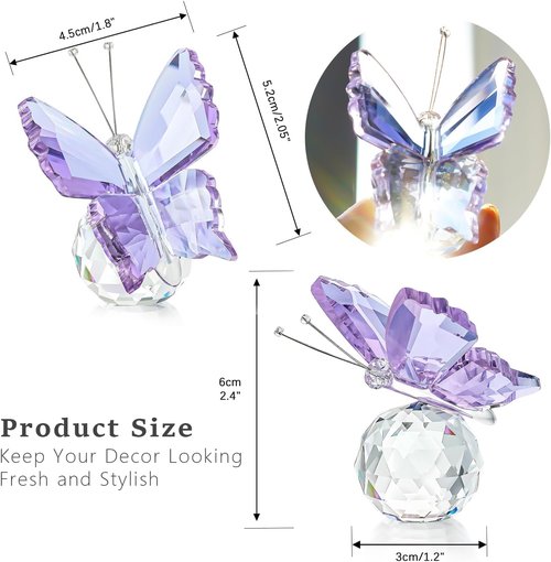 Kanpura Crystal Butterfly Figurines - 2 Pcs Glass Statues with Ball Base for Home Christmas Decor | Purple