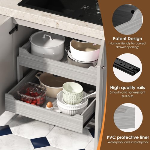 Landmok Pull Out Drawers For Cabinets, 15" W x 21.65" D x 17" H Slide Out Wooden Pull out Drawers, 2-Tier, Heavy-Duty Base Bottom Assembly Slide out Drawer Shelf Cabinet Organization for Kitchen, Gray