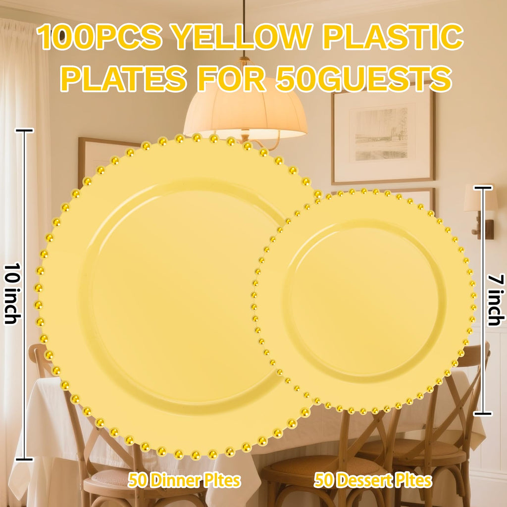 Supernal 100pcs Yellow Plastic Plates,Heavy Duty Plastic Plates,Yellow Party Decorations with Gold Beaded Including 50 Dinner Plate and 50 Disposable Dessert Plate,Pretty Disposable Platos for Wedding