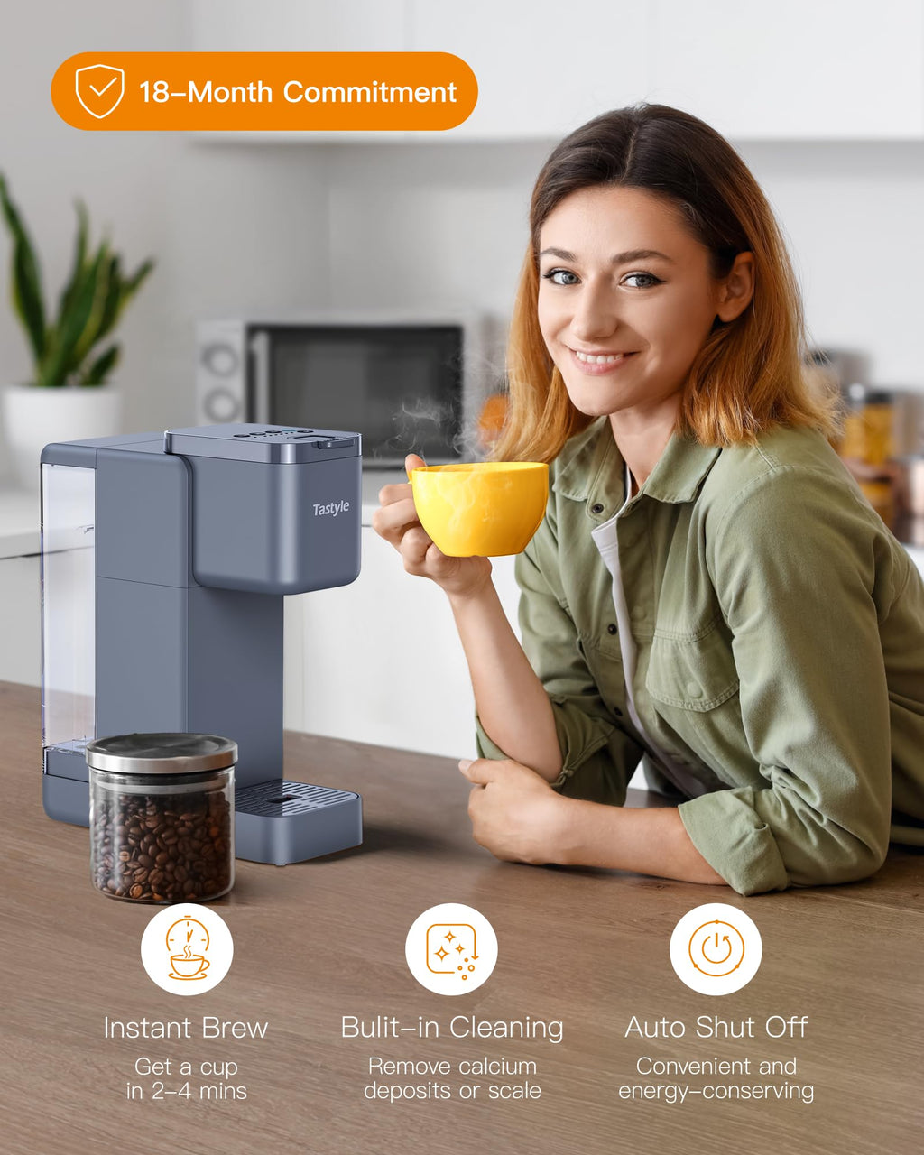 Tastyle Single Serve Hot & Iced Coffee Maker with Strong Brew, 40oz Removable Reservoir, 6 Brew Sizes, Compatible with K Cup and Grounds, Compact for Home, Office, RV and Dorm, Black (2.0 Version)