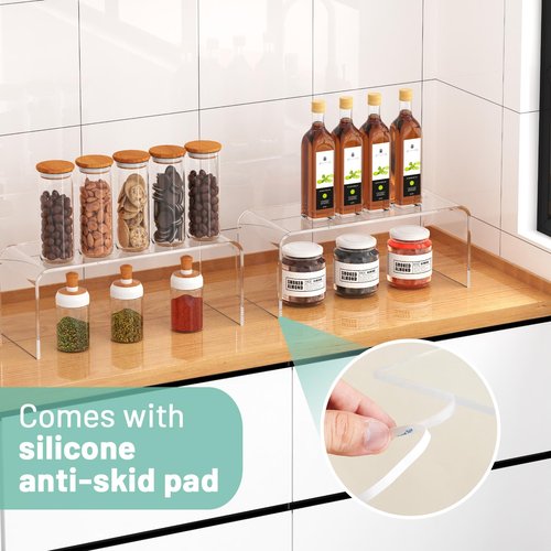 HTRYBNES Clear Cabinet Shelf Organizers, 2 Pack Shelf Risers Kitchen Cabinets, Spice Rack for Dishes, Soda Cans and Cup（11.8 x 4.72 x 4.72 Inch）