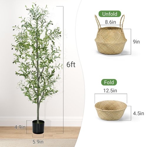 Liyarya Faux Olive Tree 6FT Silk Plant Artificial Indoor, 6 FT Fake Potted Olive with Wicker Basket Planter, Tall Artificial Olive Trees with Natural Wood Trunk & Fruits for Home Office, 6 Feet (72")