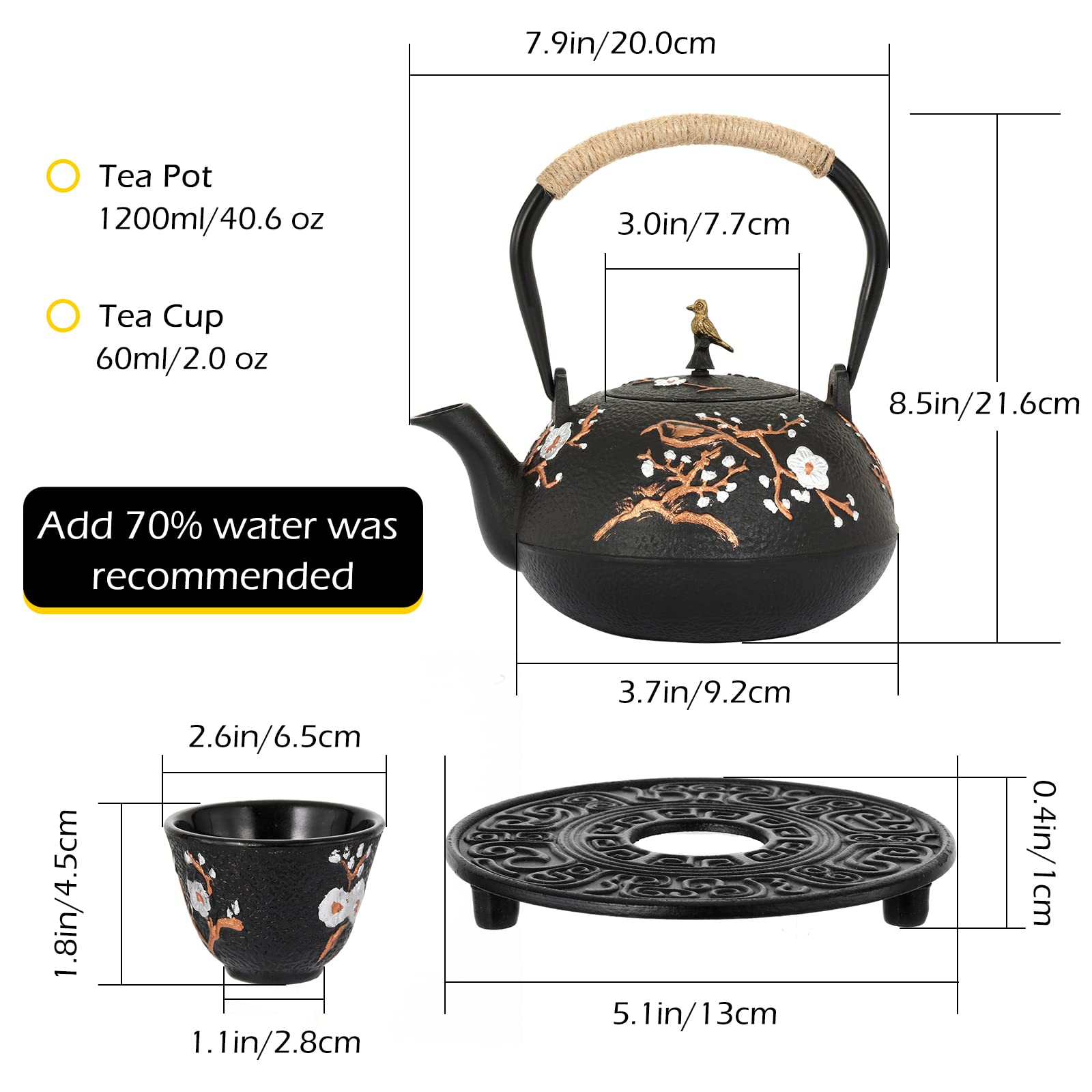 Dyna-Living Cast Iron Teapot 1200ml/40.6oz Japanese Tea Set with 4 Tea Cups Japanese Cast Iron Teapot with Infuser Japanese Tea Kettle Stovetop Gift for Tea Lover