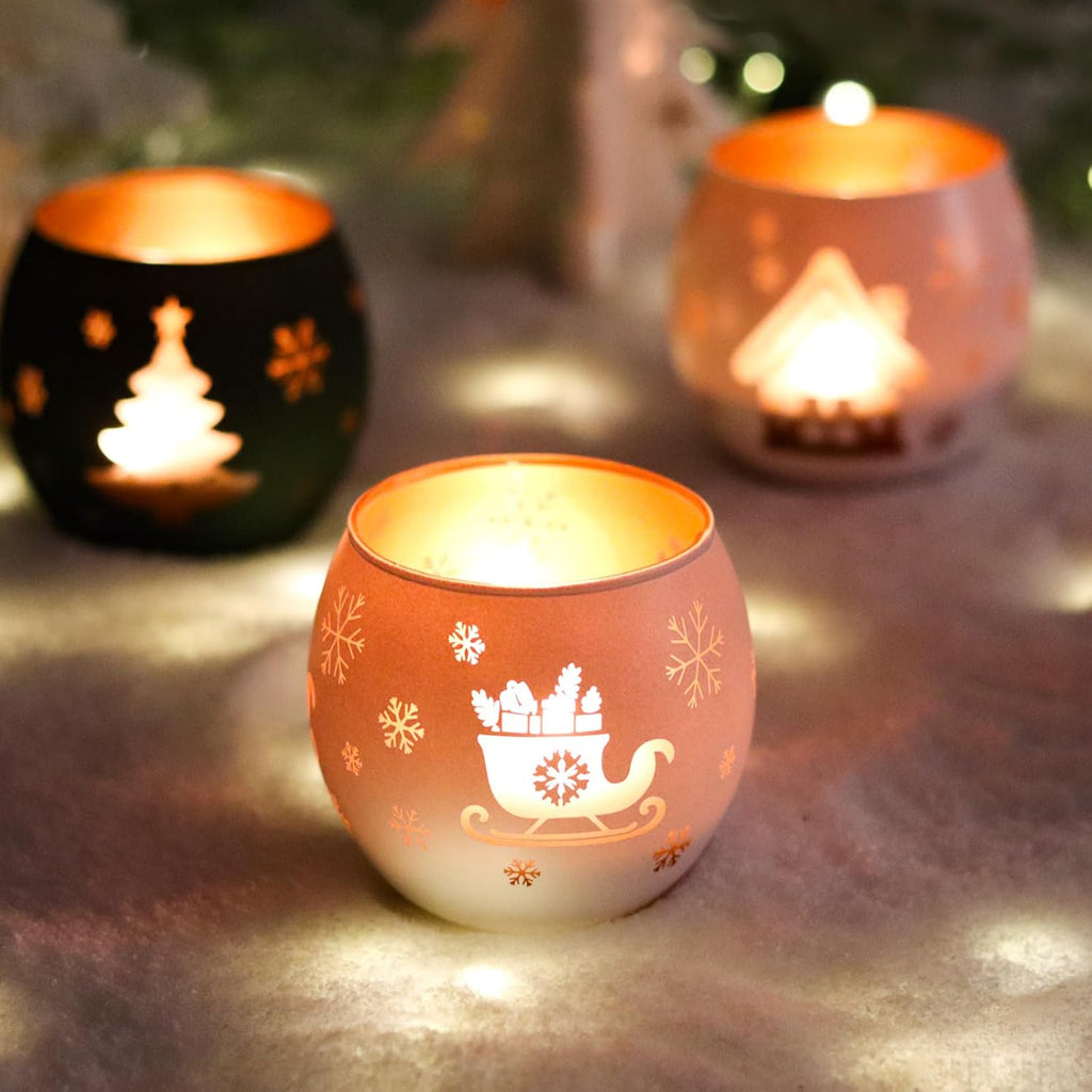 Skiennix Christmas Candle Holders - Set of 4 Frosted Glass Tealight Votive Holders | Winter Holiday Decor (Red, Green, White)