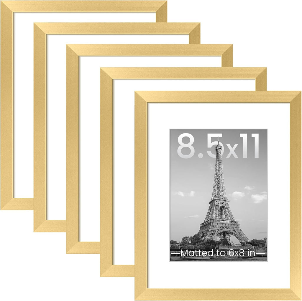 Upsimples 8.5x11 Picture Frame Set of 5 - Elegant Gold Frames for 6x8 or 8.5x11 Photos