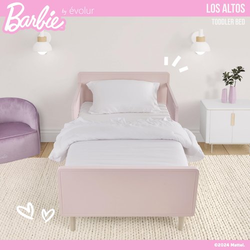Evolur Barbie Los Altos Wooden Toddler Bed, Blush Pink – Greenguard Gold & JPMA Certified – Low-to-Floor Kids Bed for Girls – Fits Standard Crib Mattress