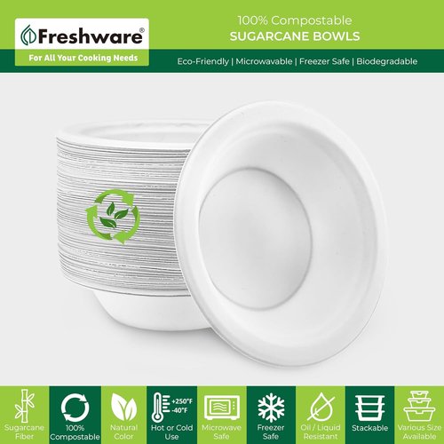 Freshware Paper Bowls - Biodegradable 12 oz. Soup Bowls | 150-Pack Heavy Duty Sugarcane Fiber Dinnerware - Microwave & Freezer Safe