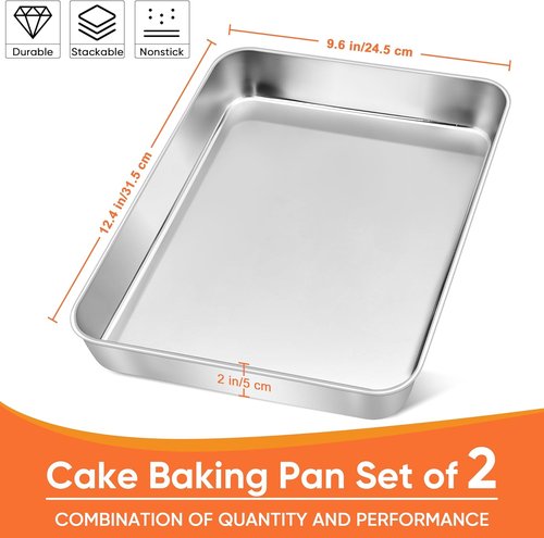 Herogo Rectangle Cake Pan Set - 9 X 12 X 2 Inch Stainless Steel Bakeware for Lasagna, Brownies & Casseroles