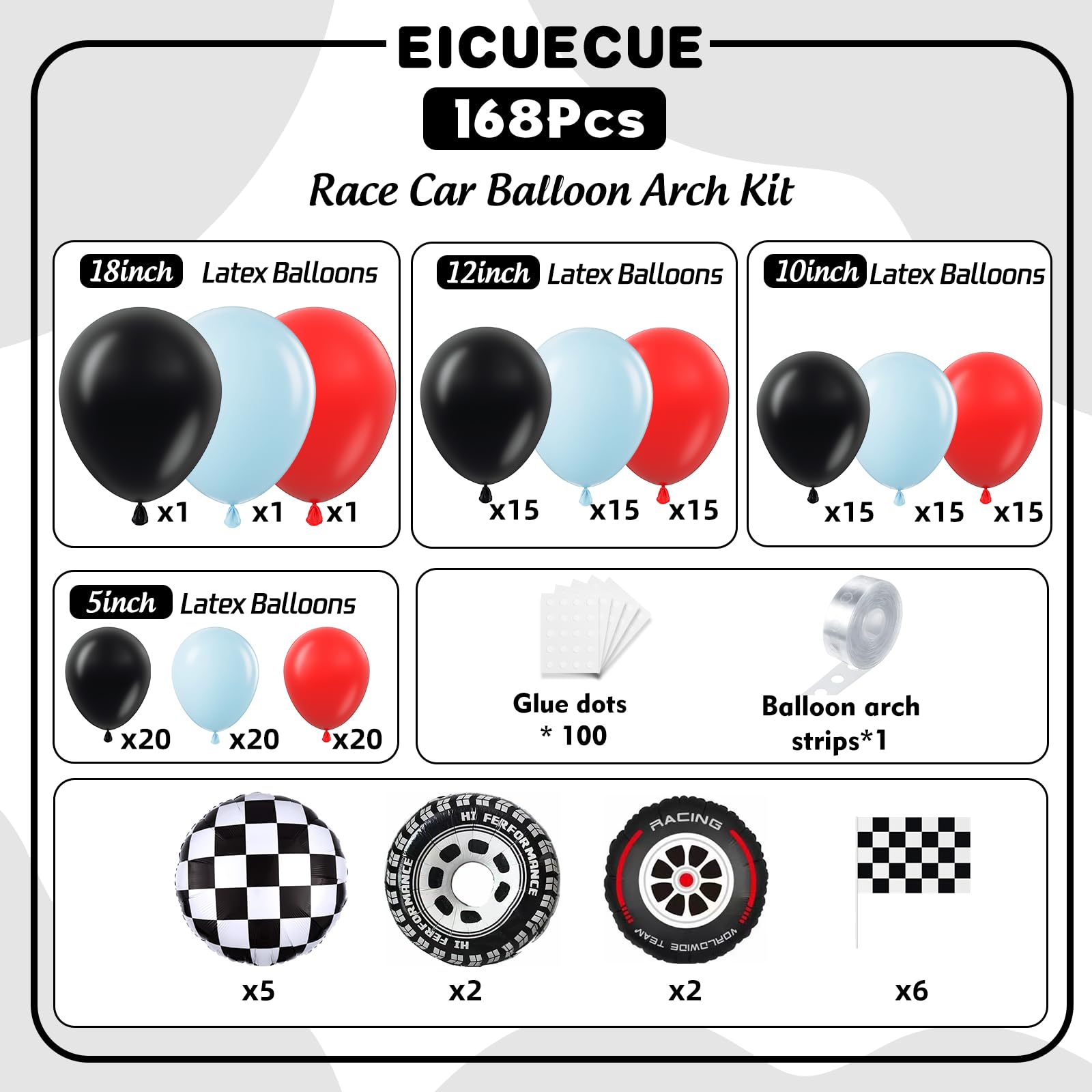 EICUECUE Race Car Balloon Arch Kit - 168Pcs Different Size Balloons Tire Flags Checkered Black Red Blue Balloon Garland Kit for Racing Car Two Fast 2nd Theme Boy Birthday Anniversary Party Decorations