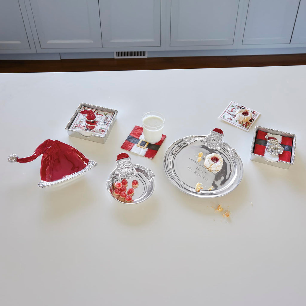Mariposa RED Santa HAT Beaded Napkin Box Set | RED | Brillante | Gifts | Napkin Box & Weight Set | Recycled SANDCAST Aluminum | Handmade in Mexico