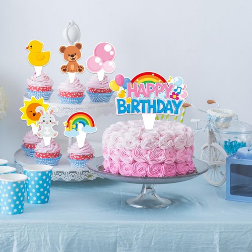 26Pcs Girls Happy Birthday Cupcake Toppers Cartoon Teacher Cupcake Picks Cartoon Girls Party Decorations Rainbow ABC Bus Double Sided Cake Decorations for Birthday Baby Shower Party Supplies