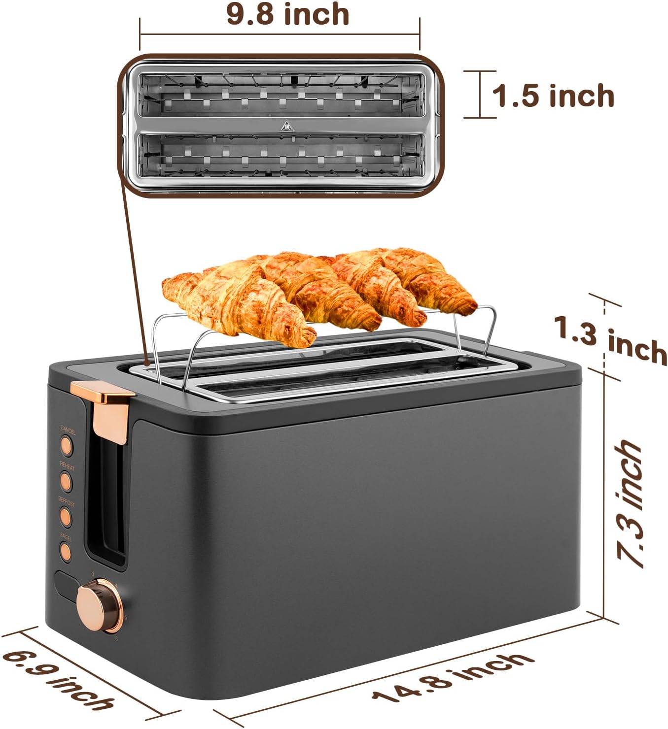Mecity 4-Slice Long Slot Toaster - Stainless Steel with Warming Rack & 6 Browning Settings | 1300W, Grey