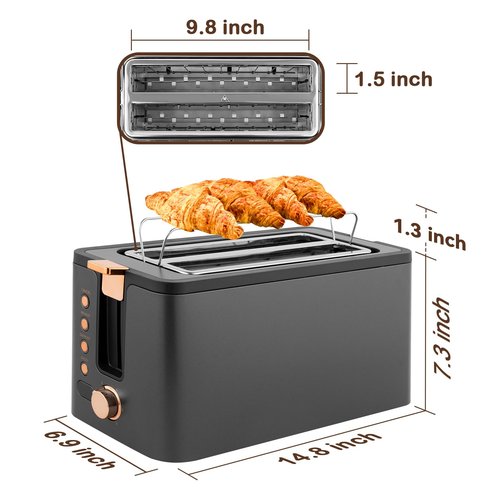 Mecity 4 Slice Toaster, Long Slot Toaster With Warming Rack, Timer, Bagel, Defrost, Reheat Functions, Crumb Tray, 6 Browning Settings, Extra Wide Long Slots, Stainless Steel, 1300W, Grey