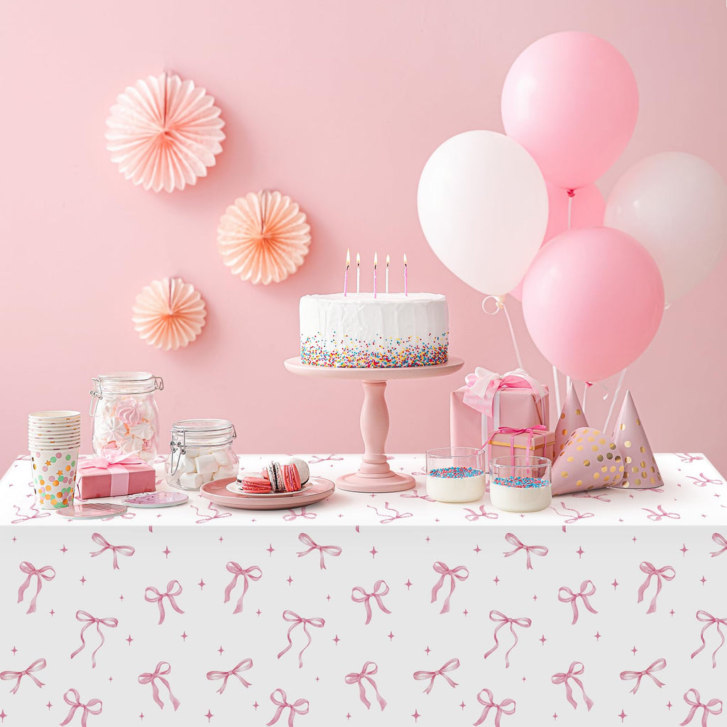 KEASKELL 3Pcs Coquette Party Tablecloths Decorations,Pink Bow Plastic Table Cover Disposable Rectangle Table Cloth for Girls Birthday Bridal Wedding Party Supplies,54x108 Inch